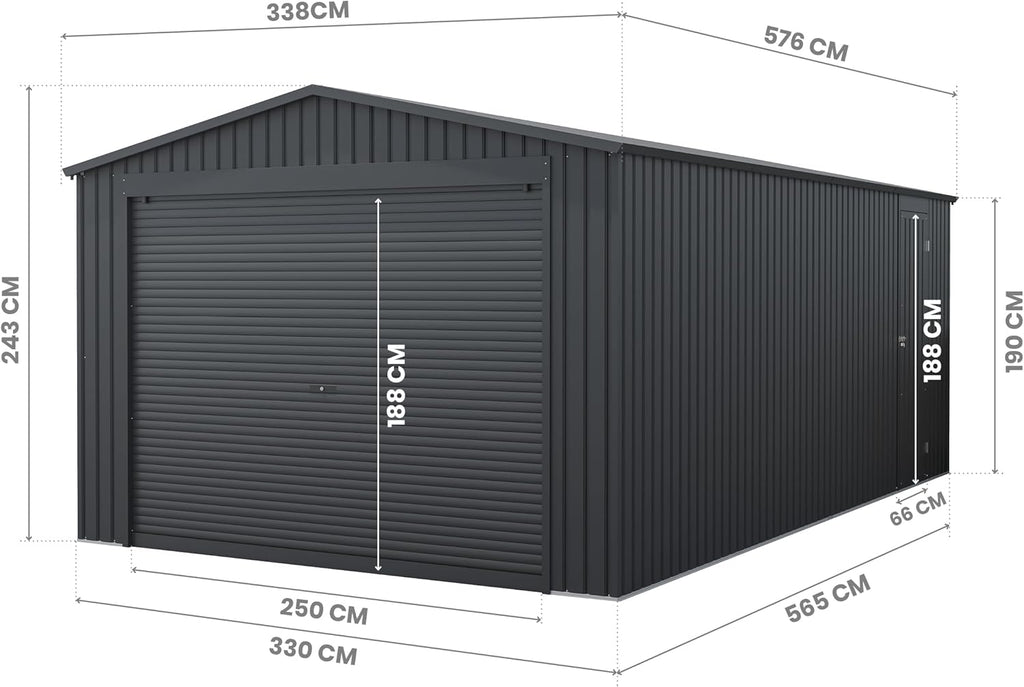 Wasabi - Garaje Metálico 19,52m2 Jarama – Portón Amplio Enrollable - Resguardo Exterior Coche - Cierre Seguridad Llave - Puerta Lateral Peatonal - Cochera Cobertizo Jardín Almacenaje – 576x338x243cm