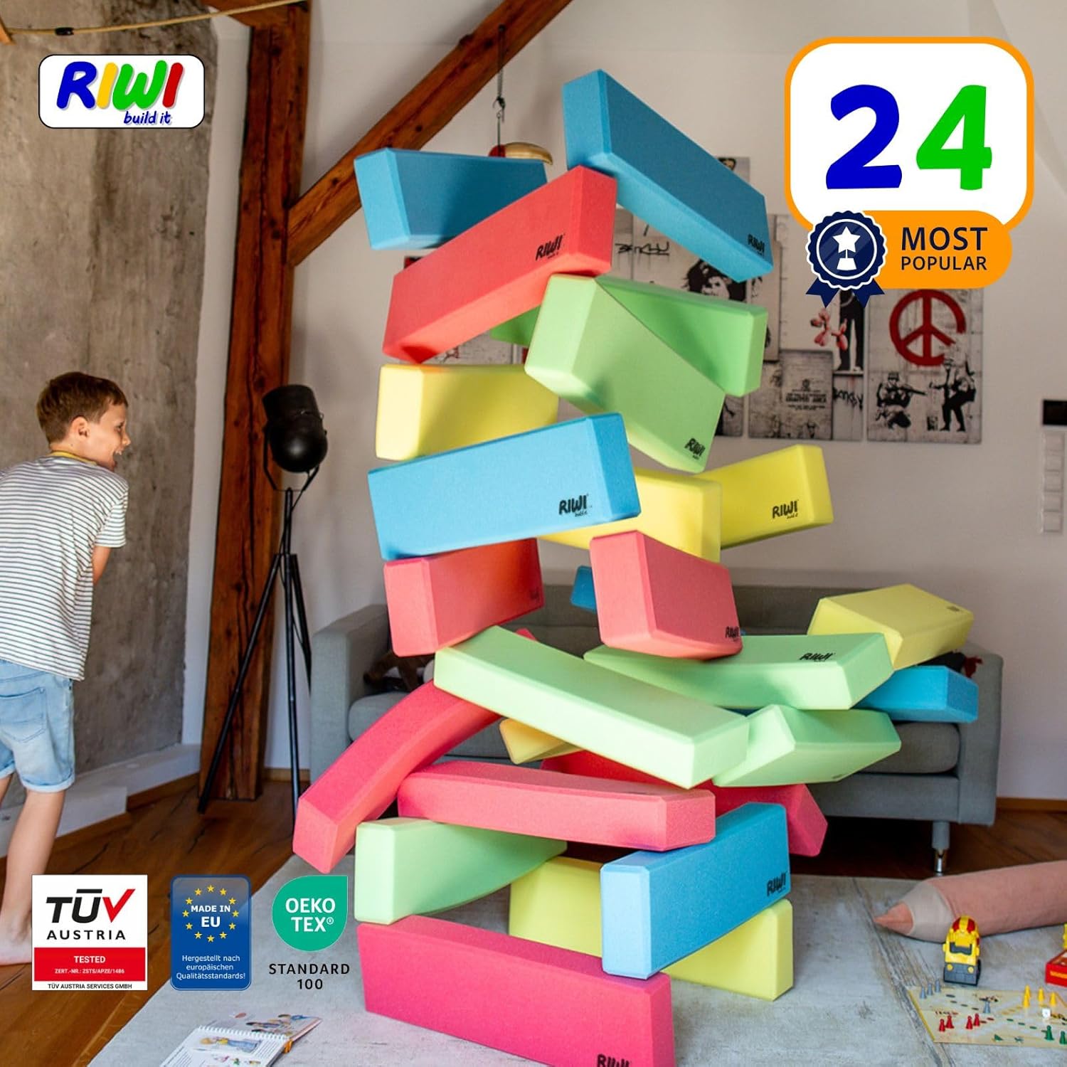 RIWI 24 Bloques de Construcción de Espuma XXL | Grandes y Blandos | Certificación TÜV Austria | Calidad del Jardín de Infancia | Terapia Ocupacional