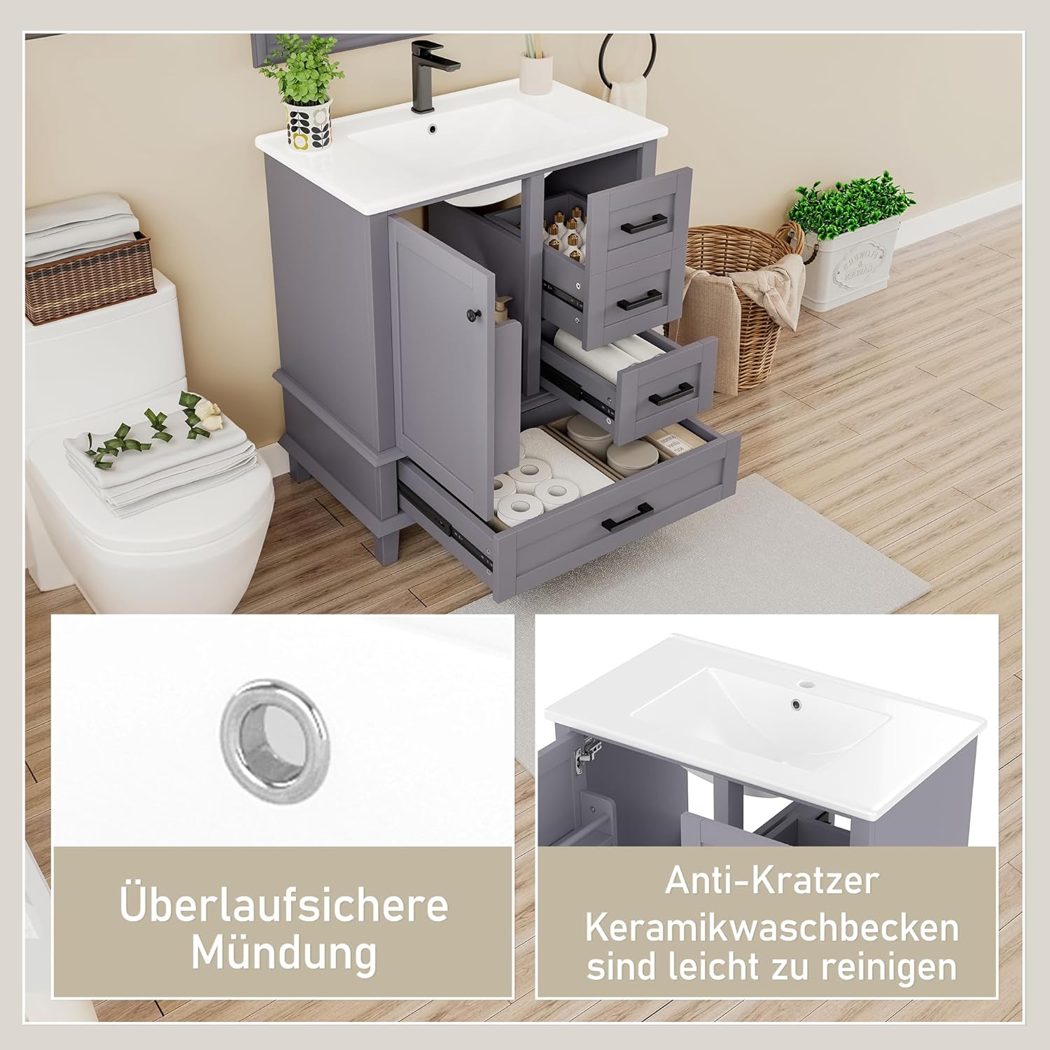 Armario de Baño Lcoho 76 x 46 x 83,5 cm con Lavabo, Lacado Completo, Estantería para Puerta, Tres Cajones Silenciosos, Lavabo de Cerámica Integrado (Gris)
