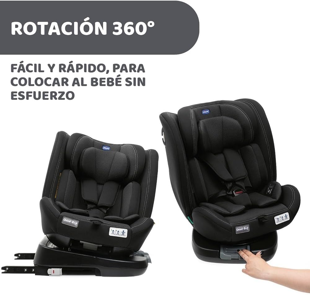 Chicco Unico EVO I'Size Classic, Silla de Coche ISOFIX para Bebés y Niños de 40 a 150 cm, Grupo 0123 Desde Recién Nacido hasta 12 Años, Giratoria 360º, Reductor, Ajustable y Protección Lateral, Negra