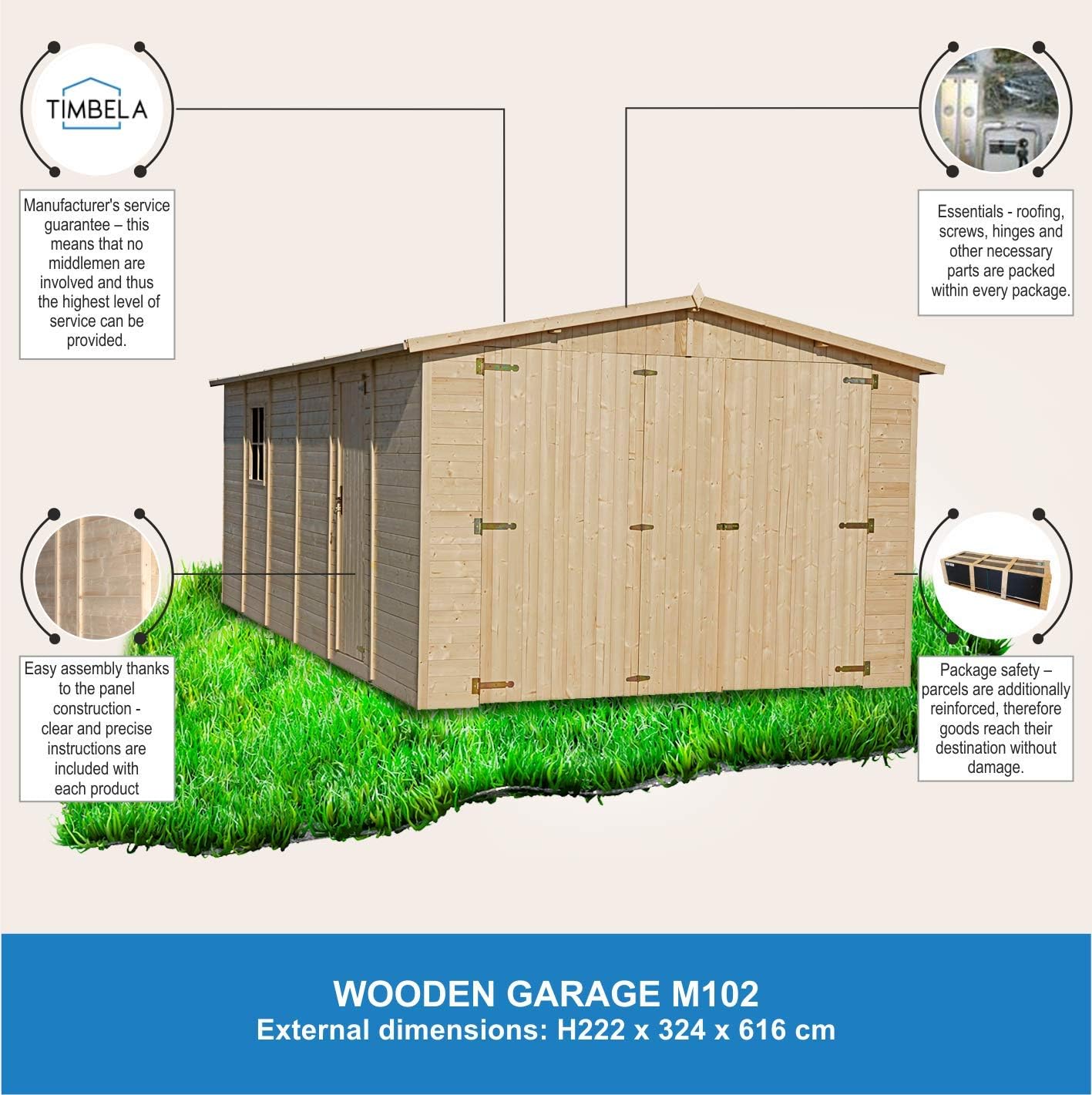Garaje de Madera Natural - cobertizo en Pino/Abeto - A222x616x324 cm / 18 m² - Construcción Paneles - Taller de jardinería - Almacén de automóviles, cobertizo para Herramientas-TIMBELA M102