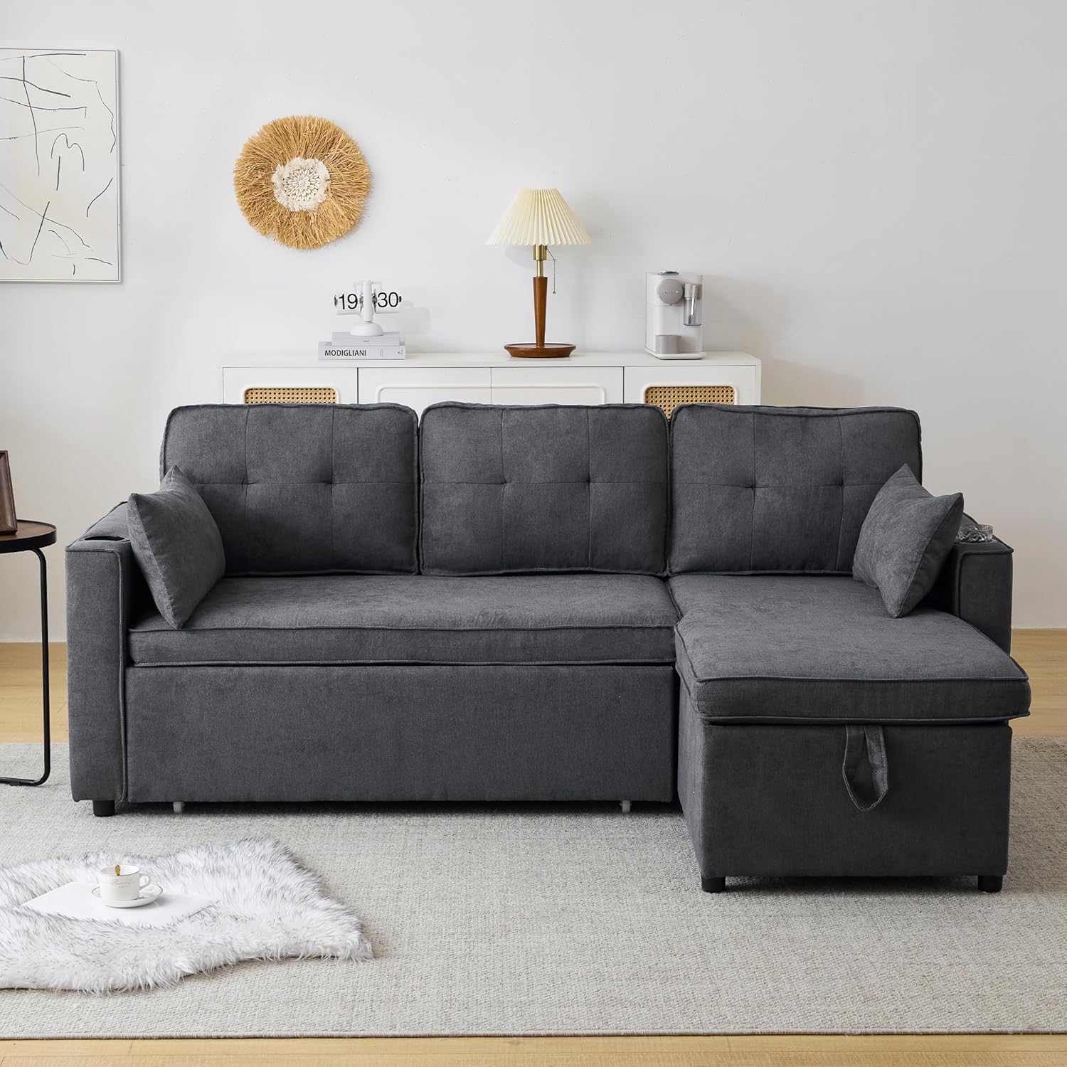 Sofá Cama 3 plazas con Portavasos y Bolsa Pasamanos Lateral, Sofá en Forma de L, Intercambiable a la Derecha y a la Izquierda, Gris