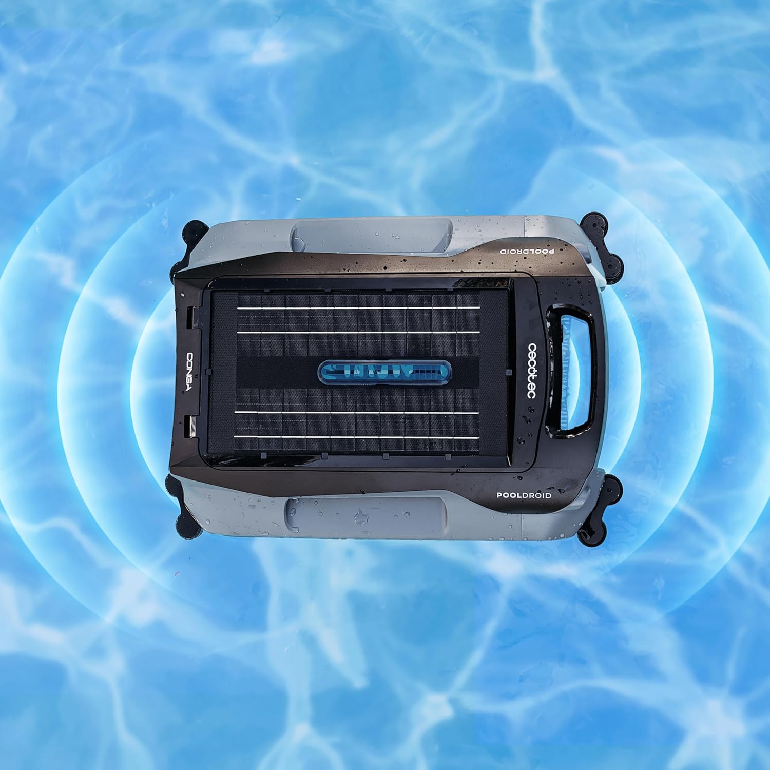 Cecotec Robot Limpiapiscinas para Superficie y Línea de Flotación Conga Pooldroid AquaSkater. Carga Solar, Autonomía 16h, Cesta de 4,5L y un Filtro de 187,5μm, Navegación Sensores Ultrasónicos