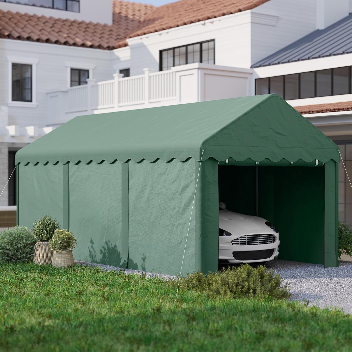 Outsunny Carpa Garaje 6x3 m Garaje Exterior para Coche Impermeable Garaje Portátil Anti-UV con Paredes Laterales Desmontables y 2 Puertas con Cremallera Verde