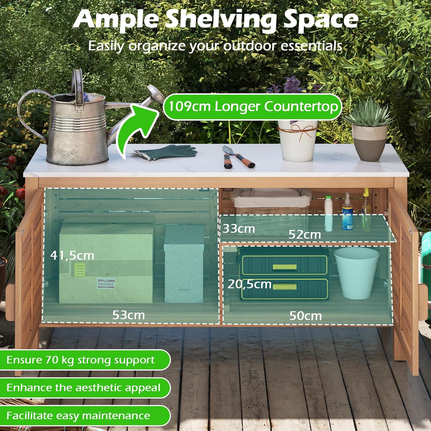 KOMFOTTEU Baúl de Jardín de Madera de Acacia, Caja de Almacenamiento con Doble Puerta y Tapa de Mármol Artificial, Arcón Exterior con Patas Ajustables, Contenedor Organizador para Patio