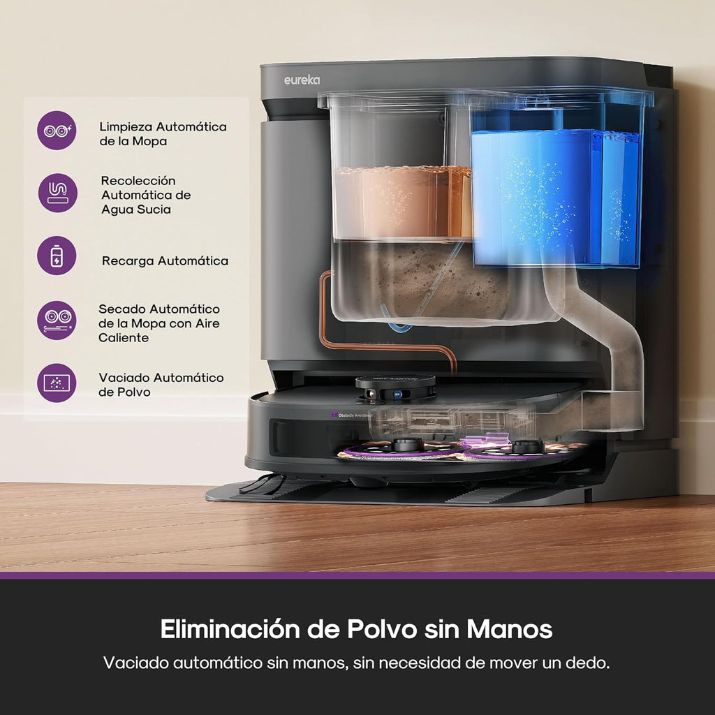 Eureka J15 EVO Ultra Robot Aspirador y Fregasuelos 22KPa con Base Multifuncional, Autovaciado & Autolimpieza, Cepillo Antienredo, Secado Aire Caliente Mopas, Limpieza de Alfombras Versátil