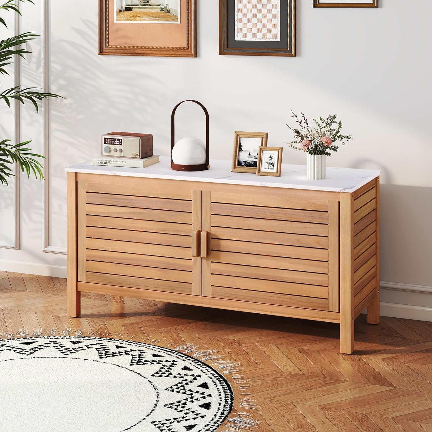 KOMFOTTEU Baúl de Jardín de Madera de Acacia, Caja de Almacenamiento con Doble Puerta y Tapa de Mármol Artificial, Arcón Exterior con Patas Ajustables, Contenedor Organizador para Patio