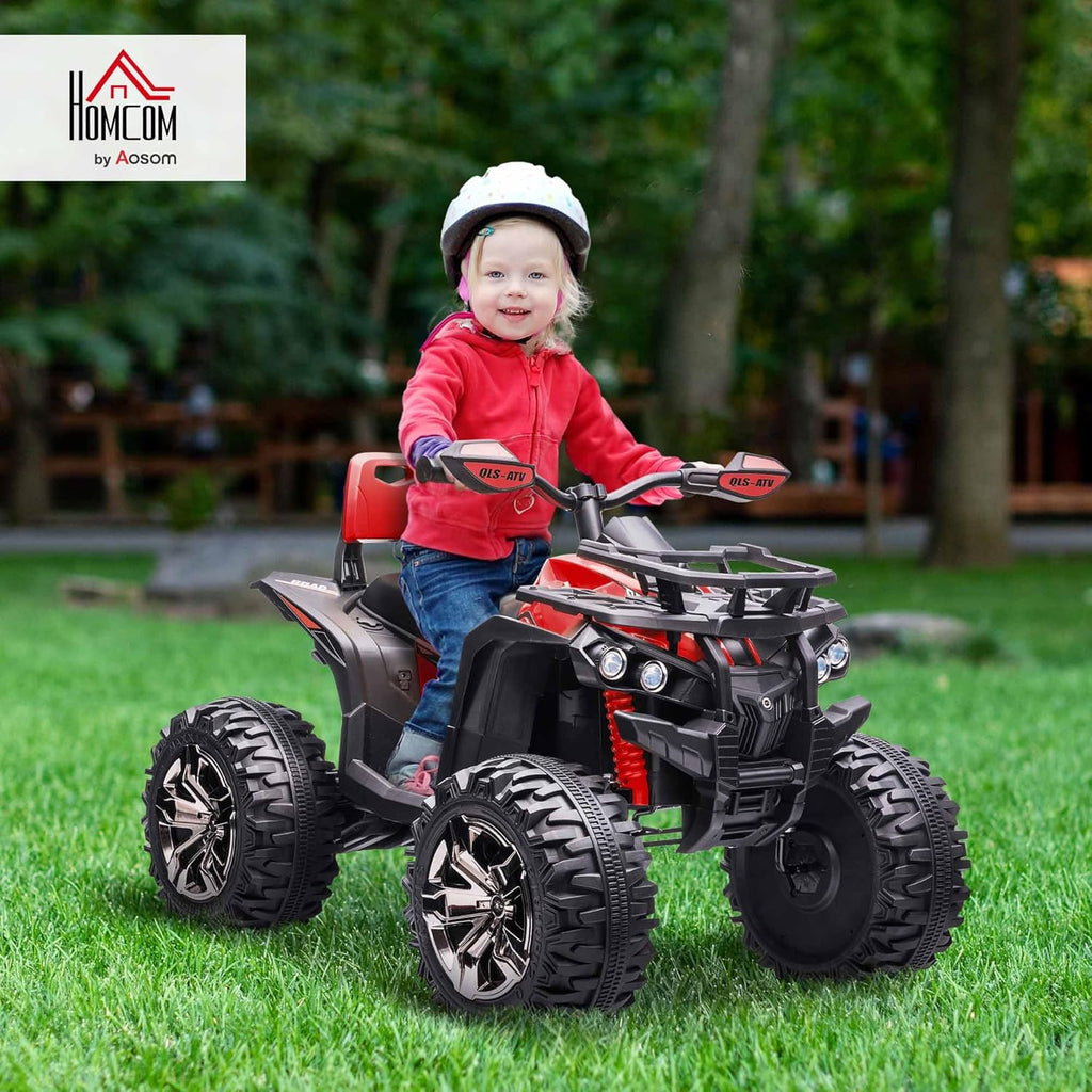 HOMCOM Quad Eléctrico 12V para Niños +3 Años con 2 Motores Faros Música Neumáticos de Suspensión Botones Avance y Retroceso Vehículo Eléctrico a Batería 100x65x73 cm Rojo