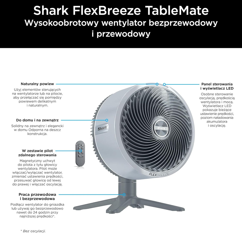 Shark FlexBreeze TableMate Wentylator bezprzewodowy wewnętrzno-zewnętrzny, do 24 godz. pracy, wydajne chłodzenie, zasięg 20 m, cichy, 5 szybkości, oscylacja, zdalne sterowanie, zimowa mgła, FA150EU