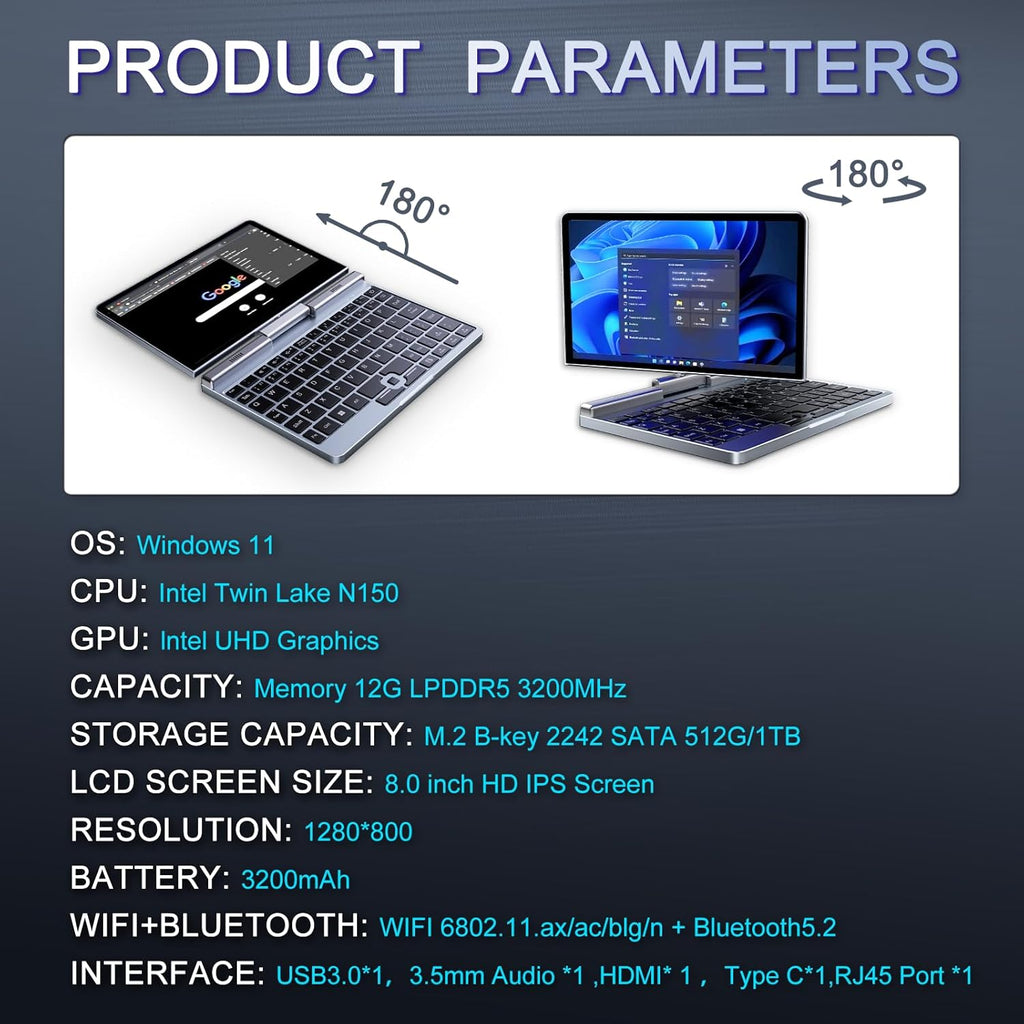 Mini Portátil 8" 2 en 1, Ordenador Portátil Win 11, N150 (hasta 3.6 GHz), 12 GB RAM 1 TB SSD, Pantalla Táctil HD, Teclado Retroiluminado, Wi-Fi 6, USB-C, PC Ligero y Portátil para