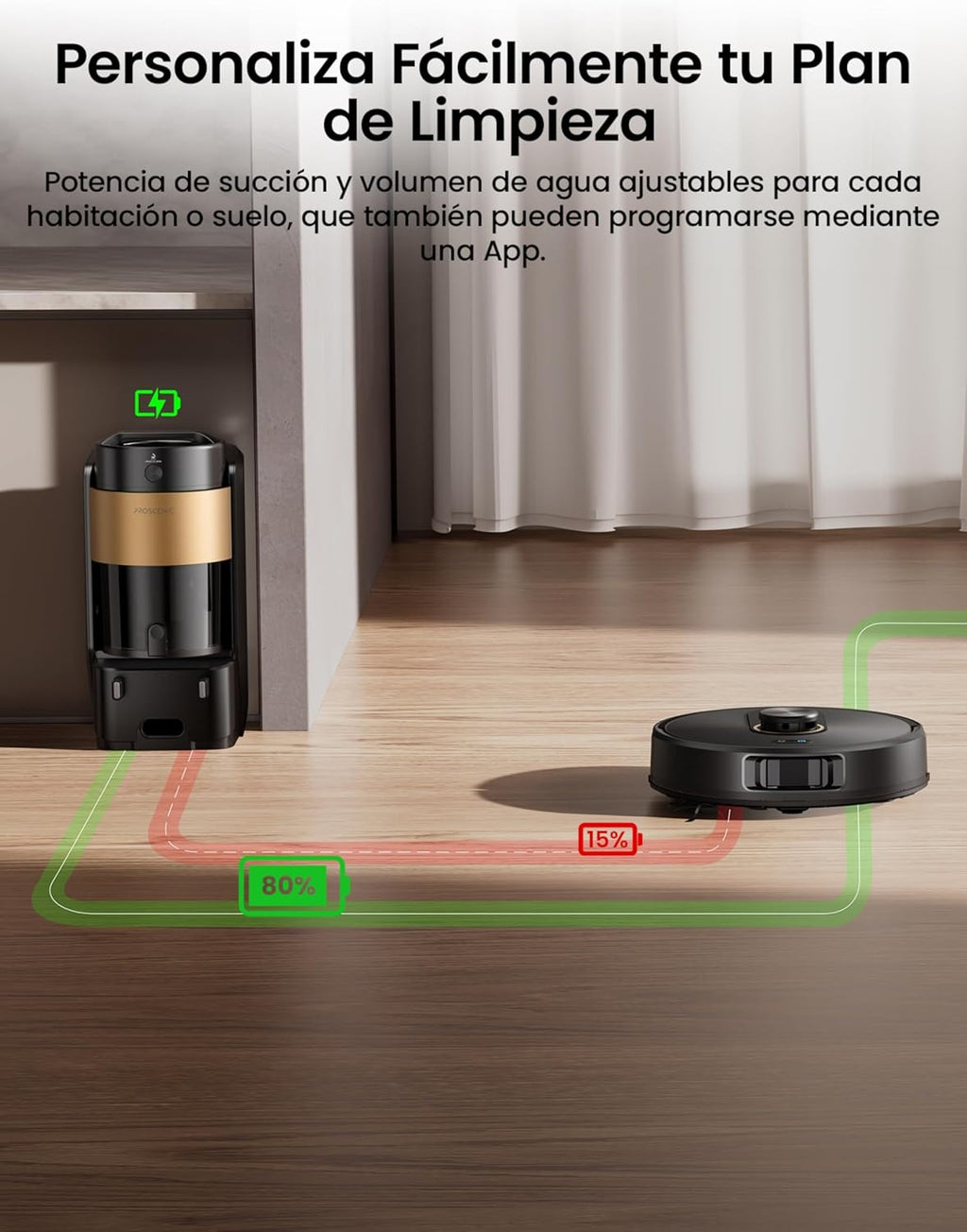 Proscenic Q20 Plus Robot Aspirador y Fregasuelos 10000 Pa/200Mins, con 4L Base Autovaciado sin Bolsa, Navegación y Cartografía por Láser por App/Voz/Control, para Suelos, Alfombras y pelos de Mascotas