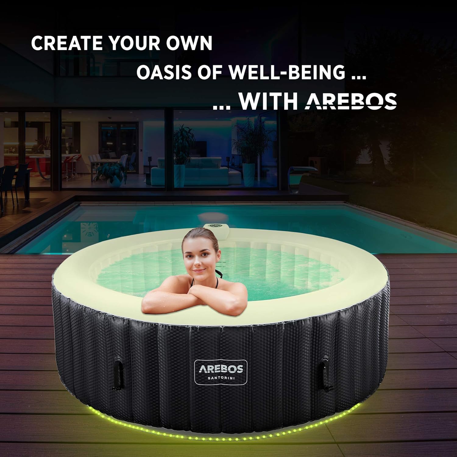 Arebos SPA Hinchable | Inflable automático | para Interior y Exterior | ⌀ 208 cm | 6 Personas | Banda Luminosa LED | 130 boquillas de Masaje | 1000 L | Incluye Cubierta | Bubble SPA & Wellness Masaje
