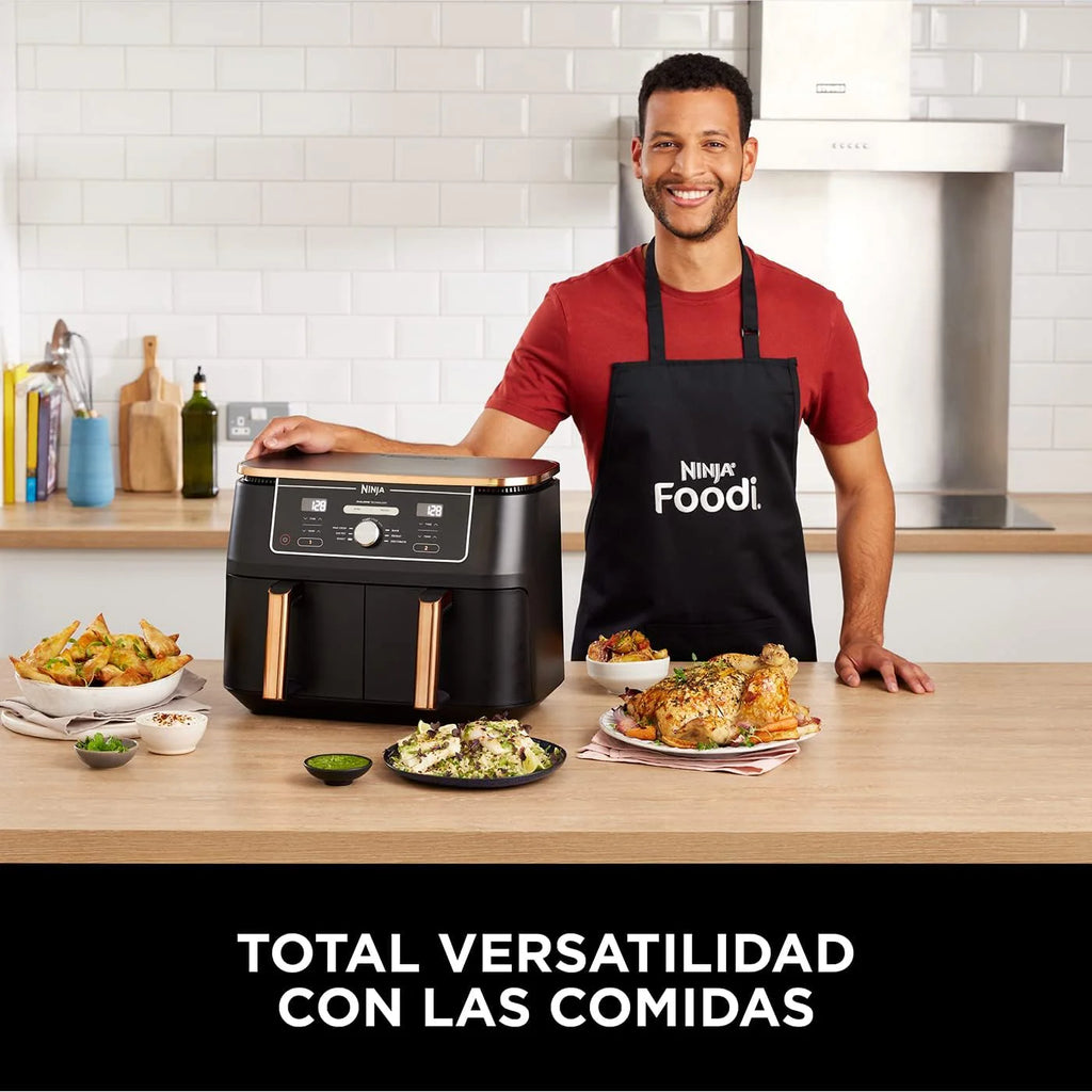Ninja Foodi MAX Dual Compartment Air Fryer, 9.6L, 6-in-1, No Oil, Max Crisp, Roast, Bake and More, Tongs, 8 Servings, Non-Stick Baskets, Copper & Black, AF400EUCP