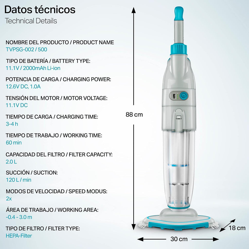 tillvex Limpiafondos Eléctrico de Piscina | Set Aspirador de Fondo Automático con Mango Telescópico | Aspiradora Inalámbrica de Limpieza con Filtro y 2 Velocidades