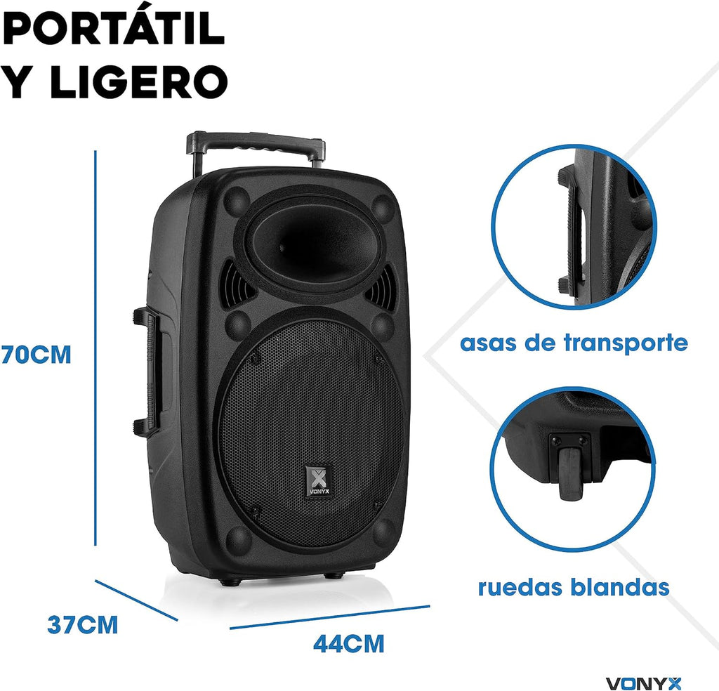Vonyx Verve46 Powerful Bluetooth Speaker 1000 W, Portable Powered Speaker with Karaoke Microphone, Bluetooth Speaker USB, SD, MP3, AUX, 2 UHF Microphones, Remote Control, Subwoofer 15 Inches, Black