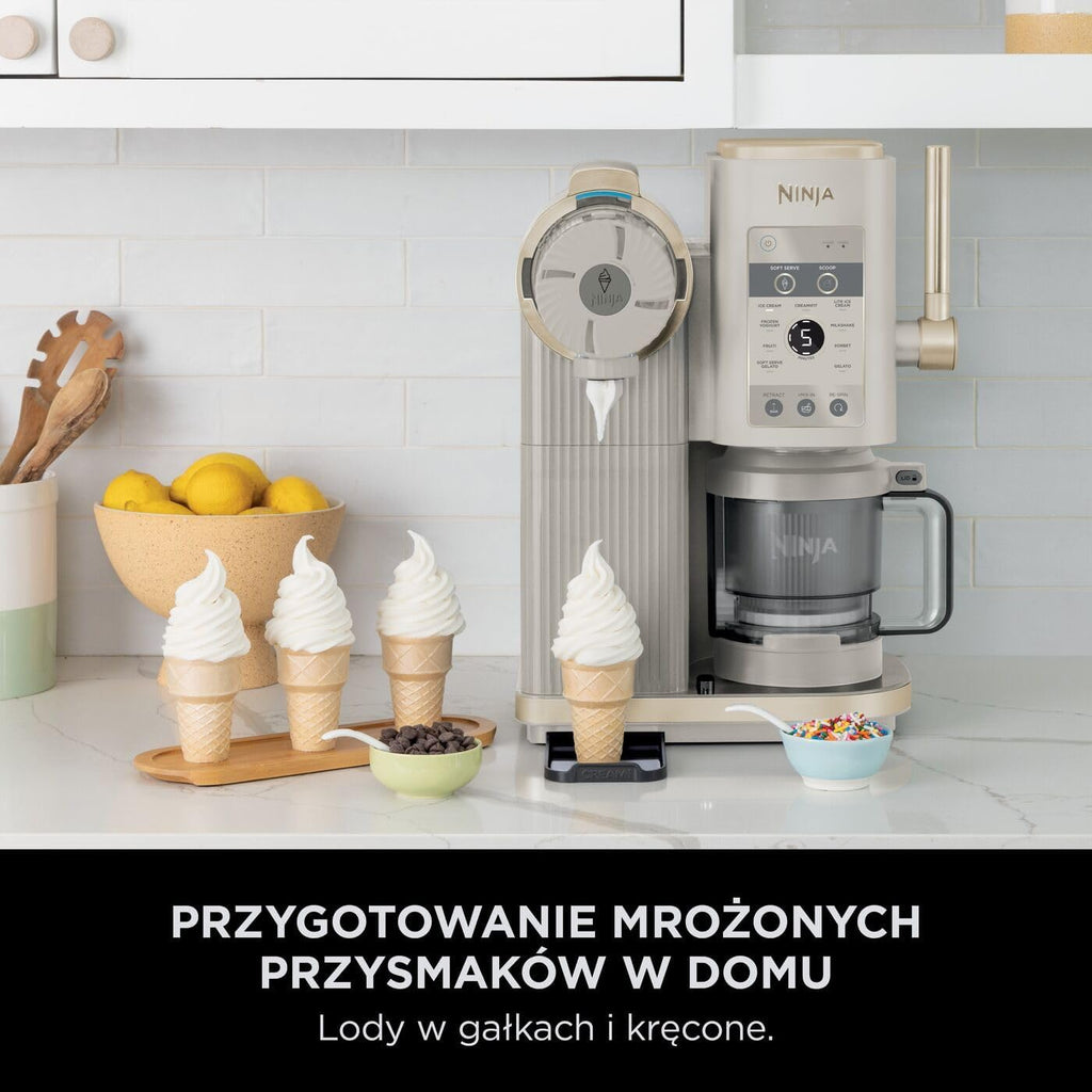 Ninja CREAMi Scoop and Swirl Maszyna do lodów z 2 pojemnikami, 13 funkcji, przygotowuje lody, lody włoskie, gelato, koktajle mleczne i inne desery, opcja dodatków, kamienne złoto, NC701EUSTGD
