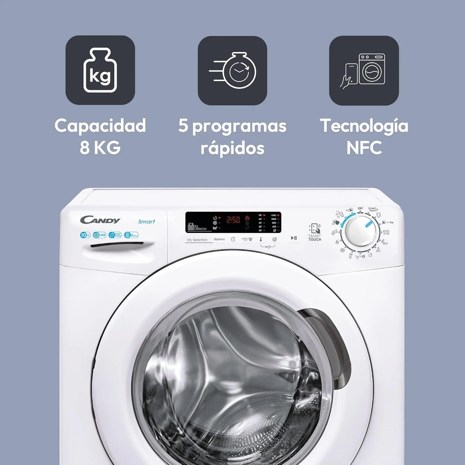 Candy Smart CS 14102DE/1-S, Washing Machine 10 kg, 1400 RPM, Digital Display and Control, NFC Technology, Voice Assistant, 15 Cycles, 5 Fast, Easy Ironing, Delay Start 24H, KG Detector, 81 DB, White