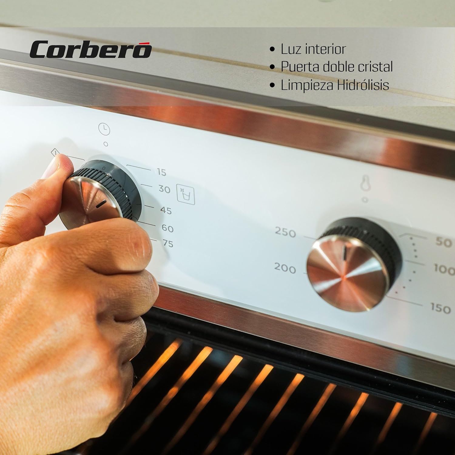 Corbero - Horno Multifunción Hidrolítico 65L | CCHM703W | Limpieza Hidrólisis | 8 Programas | (L)59.5 x (A)59.5x57.5 (H) cm | Luz Interior | Puerta Doble Cristal | 3000W Potencia | Blanco perfil inox