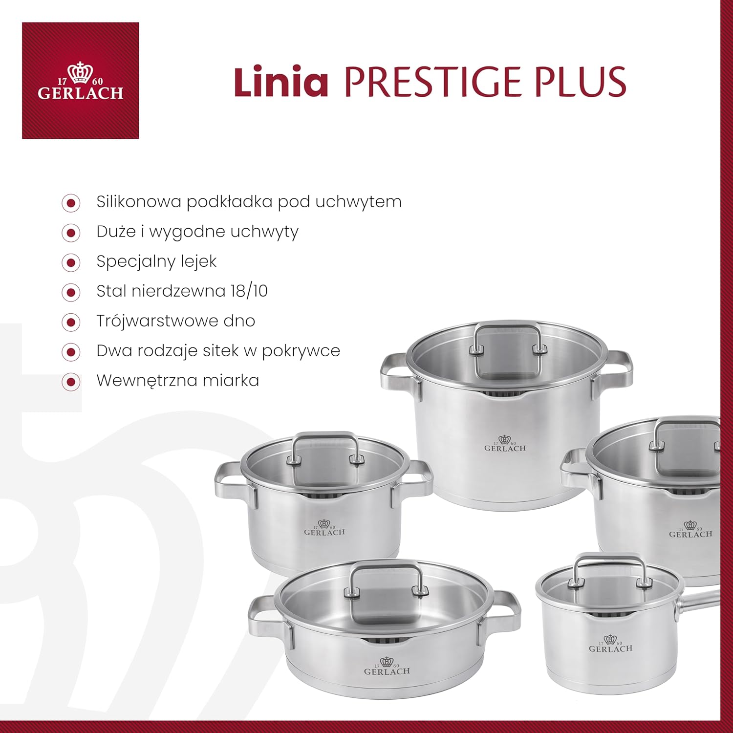 Gerlach Prestige Plus Zestaw Garnków, Srebrny, 10 El.