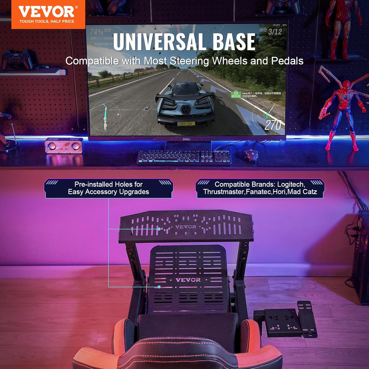 Soporte para Volante de Carreras VEVOR con Ruedas para Logitech G923/G920/G29, Cabina de simulador de conducción de Acero Resistente, Thrustmaster T248P, Soporte para Volante y Pedal Ajustables