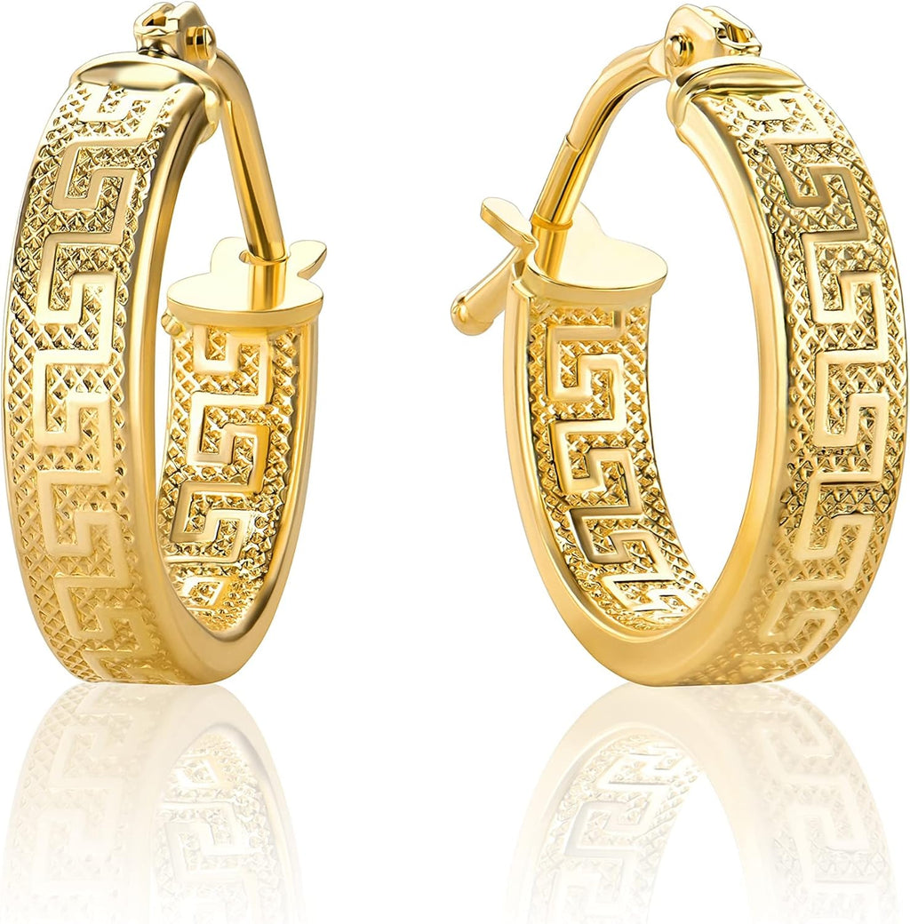 Pequeños pendientes de aro con llave griega de oro amarillo de 18 quilates/750 diamantados (2 x 14 mm Ø) - PRI37A