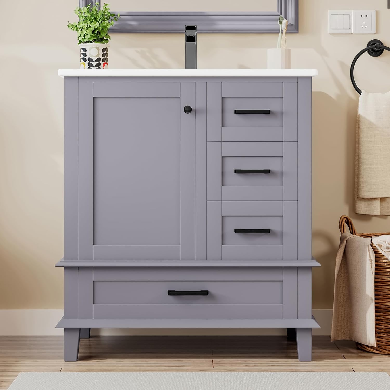 Armario de Baño Lcoho 76 x 46 x 83,5 cm con Lavabo, Lacado Completo, Estantería para Puerta, Tres Cajones Silenciosos, Lavabo de Cerámica Integrado (Gris)