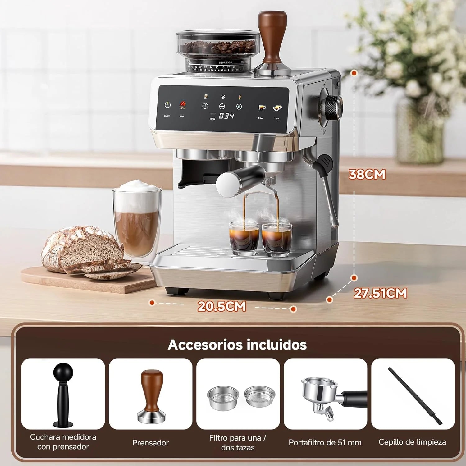 AMZCHEF Espresso Maker with Built-in Grinder 20 Bars – Coffee Machine with 44 Grinding Settings, Milk Steamer, 4 Temperatures, Cold Coffee Function, Stainless Steel, 1.8L Tank