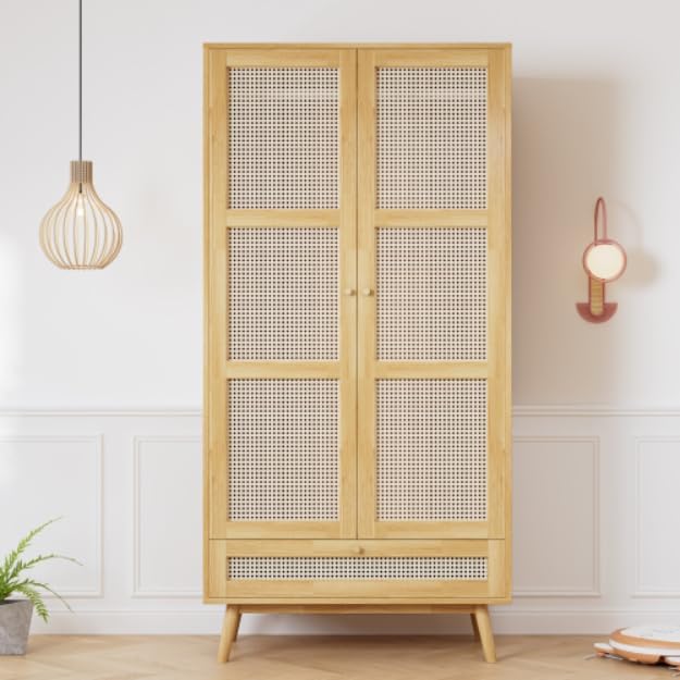 Soweiz Armario con barra, armario de 2 puertas, dormitorio, red de ratán, sala de estar, con tapa inferior abatible, tableros de partículas+ratán de polietileno, natural