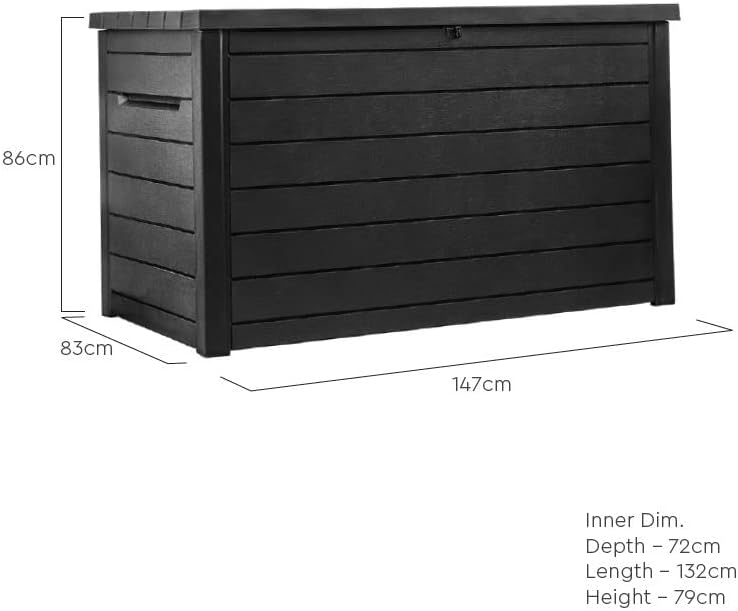 Keter Caja de cojín XXL Ontario, Grafito, 870 l de Capacidad, Dimensiones Exteriores: 147 x 83 x 86 cm, Caja de Almacenamiento Impermeable, para Exteriores
