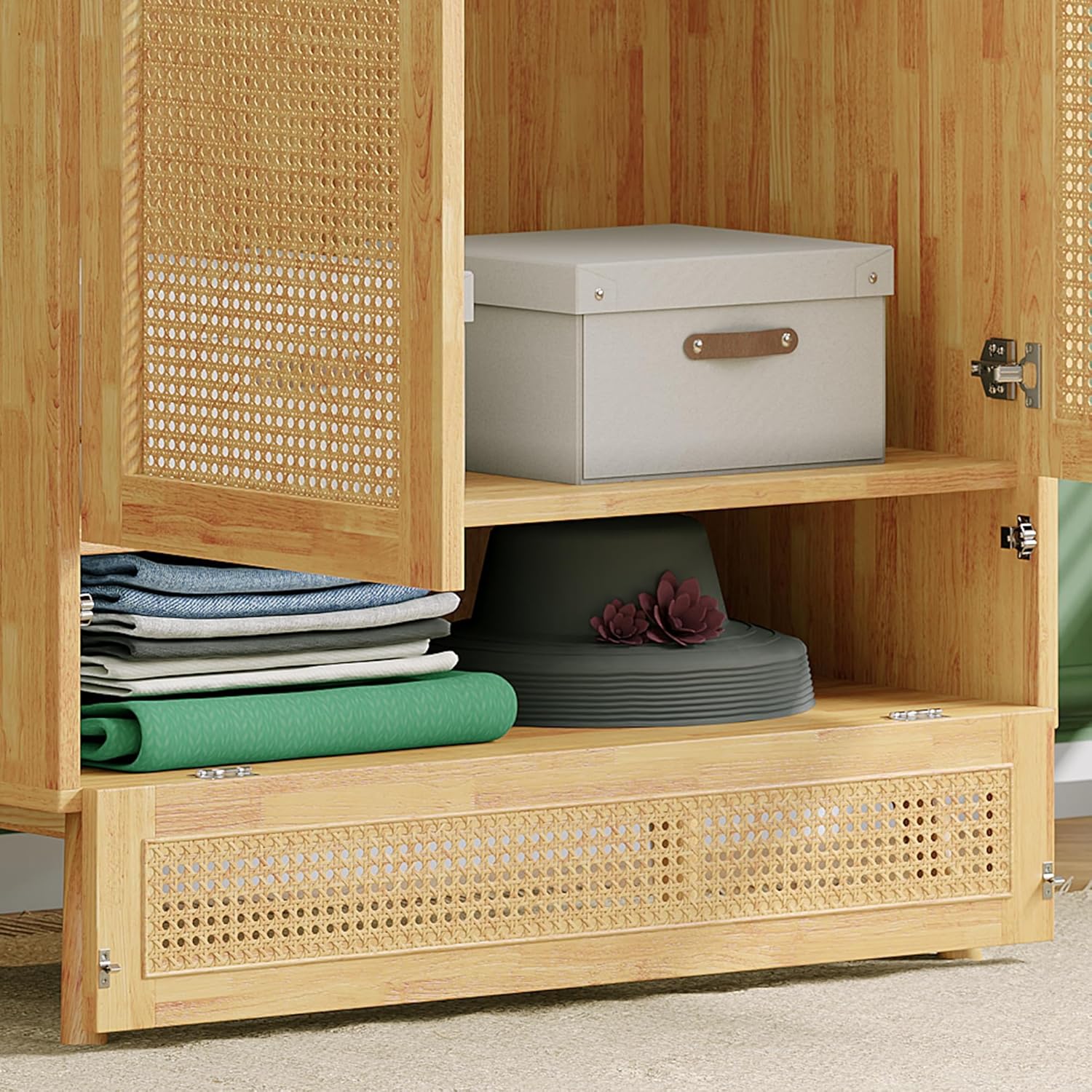 Soweiz Armario con barra, armario de 2 puertas, dormitorio, red de ratán, sala de estar, con tapa inferior abatible, tableros de partículas+ratán de polietileno, natural