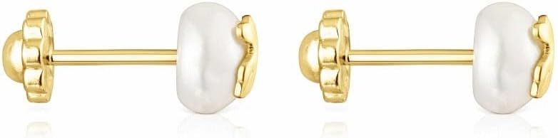 TOUS Pendientes de Oro de 18kt para Bebé con Perla Cultivada 0,6 cm y Motivo 0,45 cm, con Cierre de Rosca, Elegante y atemporal, Colección Icon Pearl