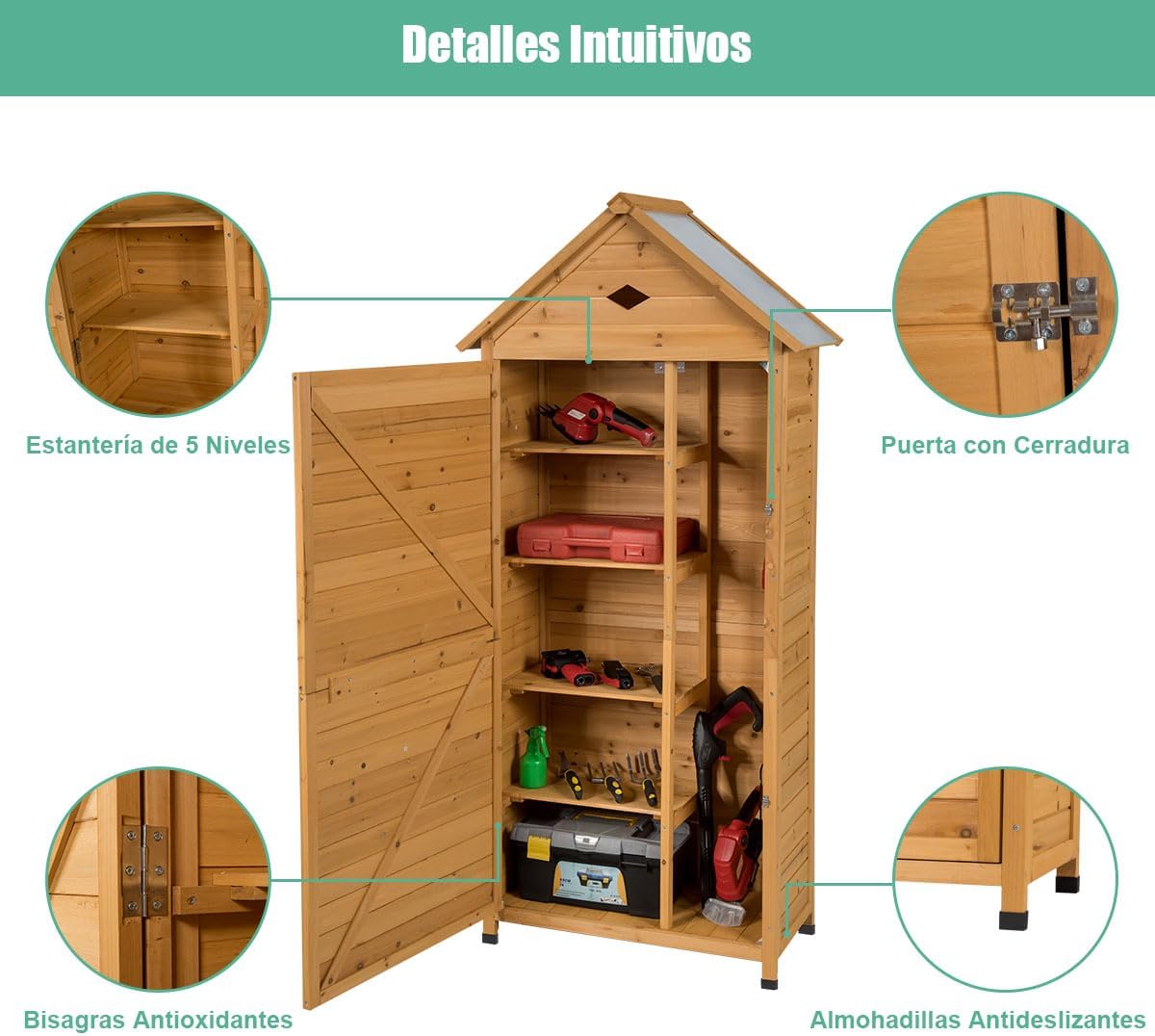 COSTWAY Caseta Jardin Exterior de Madera, Cobertizo Jardin Exterior con 5 Estantes y 2 Puertas con Cerradura, Armario para Herramientas con Techo Impermeable para Jardín Balcón Terraza (70x45x160cm)