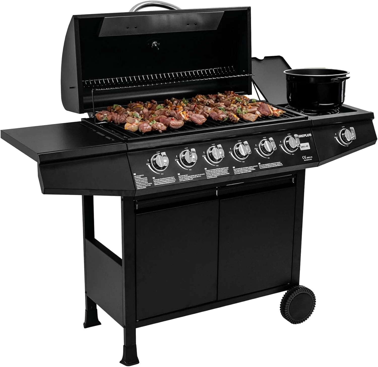 Amig - Fireplus 3+1 8.4 kW gas barbecue - Black stainless steel - Grill with wheels Model GRILL-3F - XXL barbecue with trolley and thermometer - 117x52x103cm - 4 burners and side tray