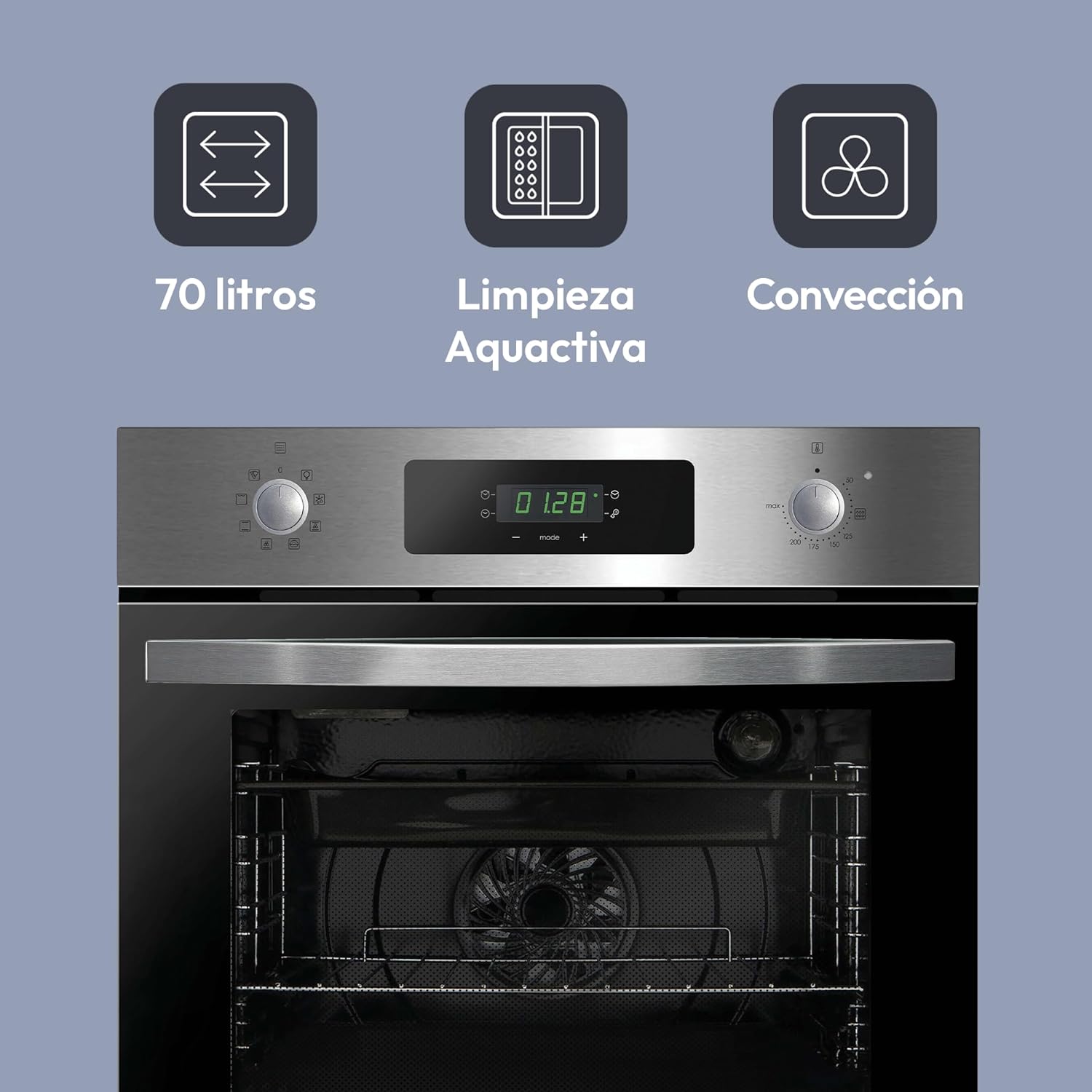 Candy FIDCP X625 L, Horno Multifunción, 70L, Bandeja y Rejilla, Limpieza Aquactiva, Convección + Ventilador radial, 8 Funciones, Display Timer Touch, Mandos Push&Pull, Puerta 2 Cristales, Inox y Negro
