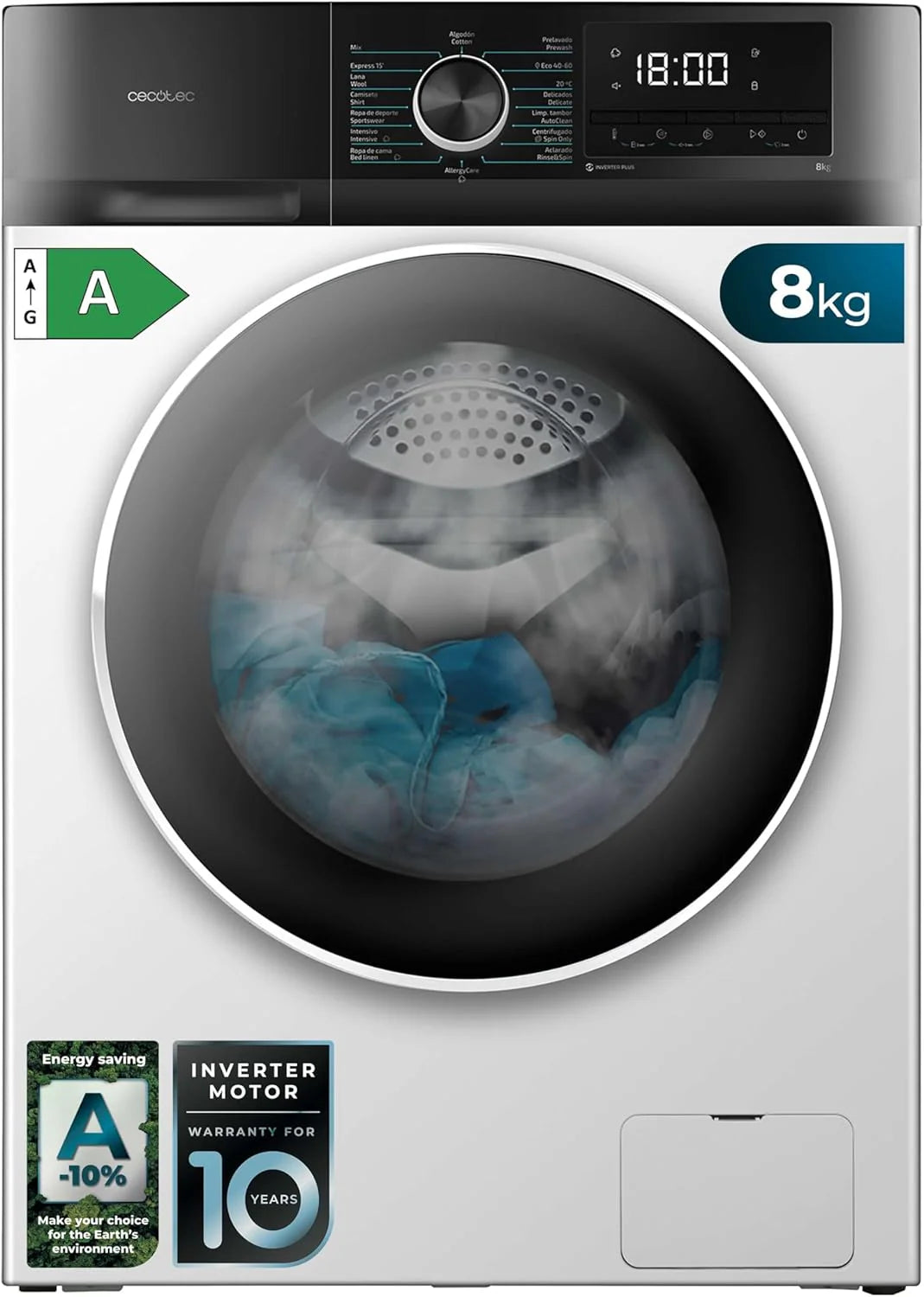Cecotec Washing Machine 9 kg Front Load Bolero Dresscode 9500 Inverter Steel A. 1900W, 1400 rpm, Inverter Plus Motor, Low Consumption, 16 Programs, SteamMax, Delay Start, Steel