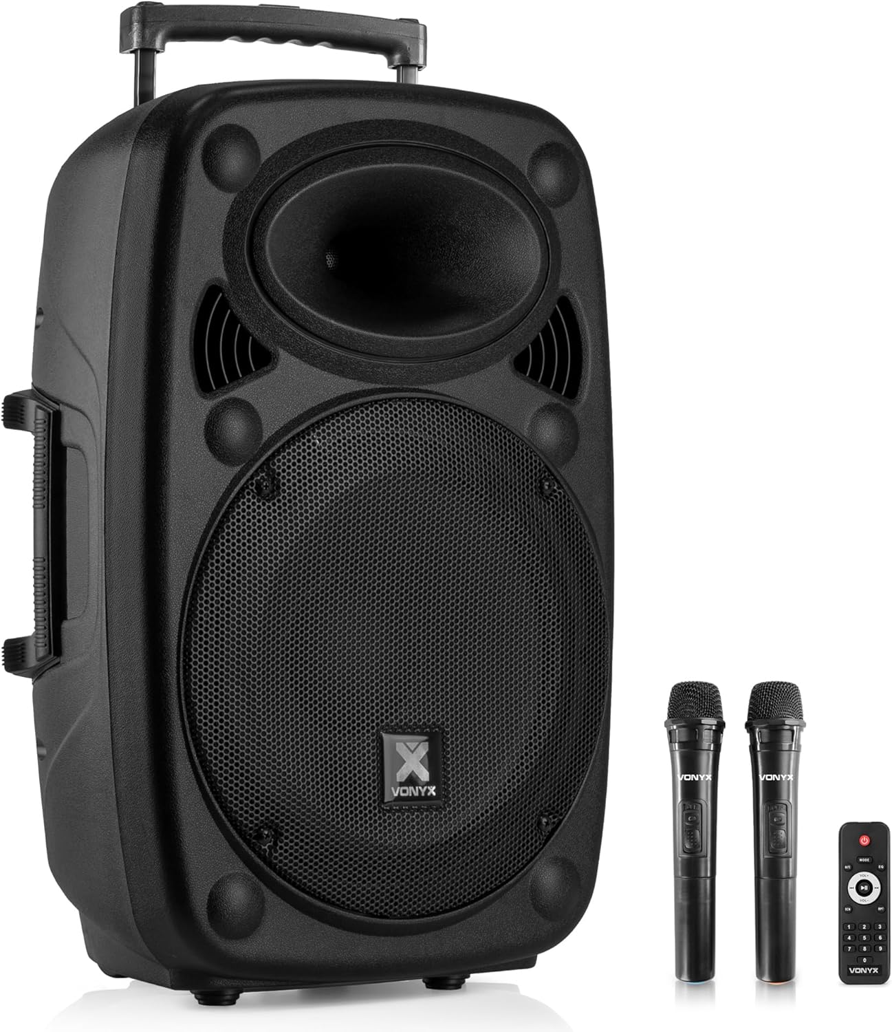 Vonyx Verve46 Powerful Bluetooth Speaker 1000 W, Portable Powered Speaker with Karaoke Microphone, Bluetooth Speaker USB, SD, MP3, AUX, 2 UHF Microphones, Remote Control, Subwoofer 15 Inches, Black