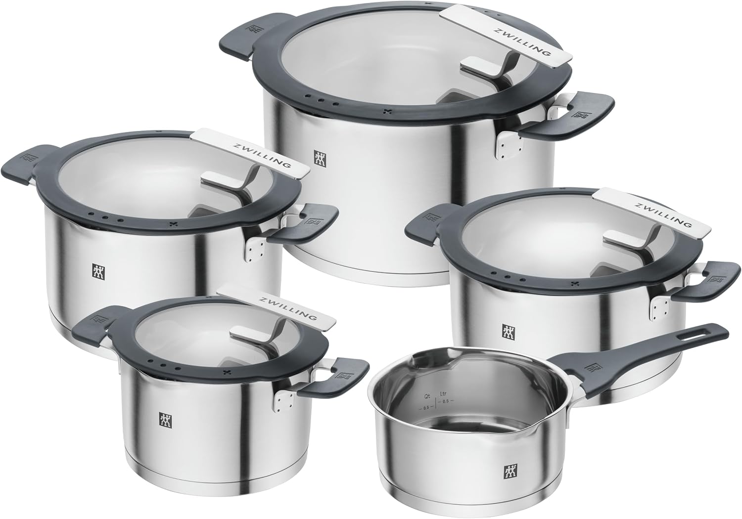 ZWILLING Simplify Edelstahl-Kochtopfset, 5-teilig, Mit integriertem Sieb im Deckel, Induktionsgeeignet, Silber-Schwarz