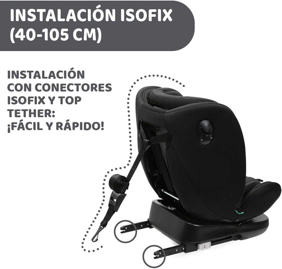 Chicco Unico EVO I'Size Classic, Silla de Coche ISOFIX para Bebés y Niños de 40 a 150 cm, Grupo 0123 Desde Recién Nacido hasta 12 Años, Giratoria 360º, Reductor, Ajustable y Protección Lateral, Negra