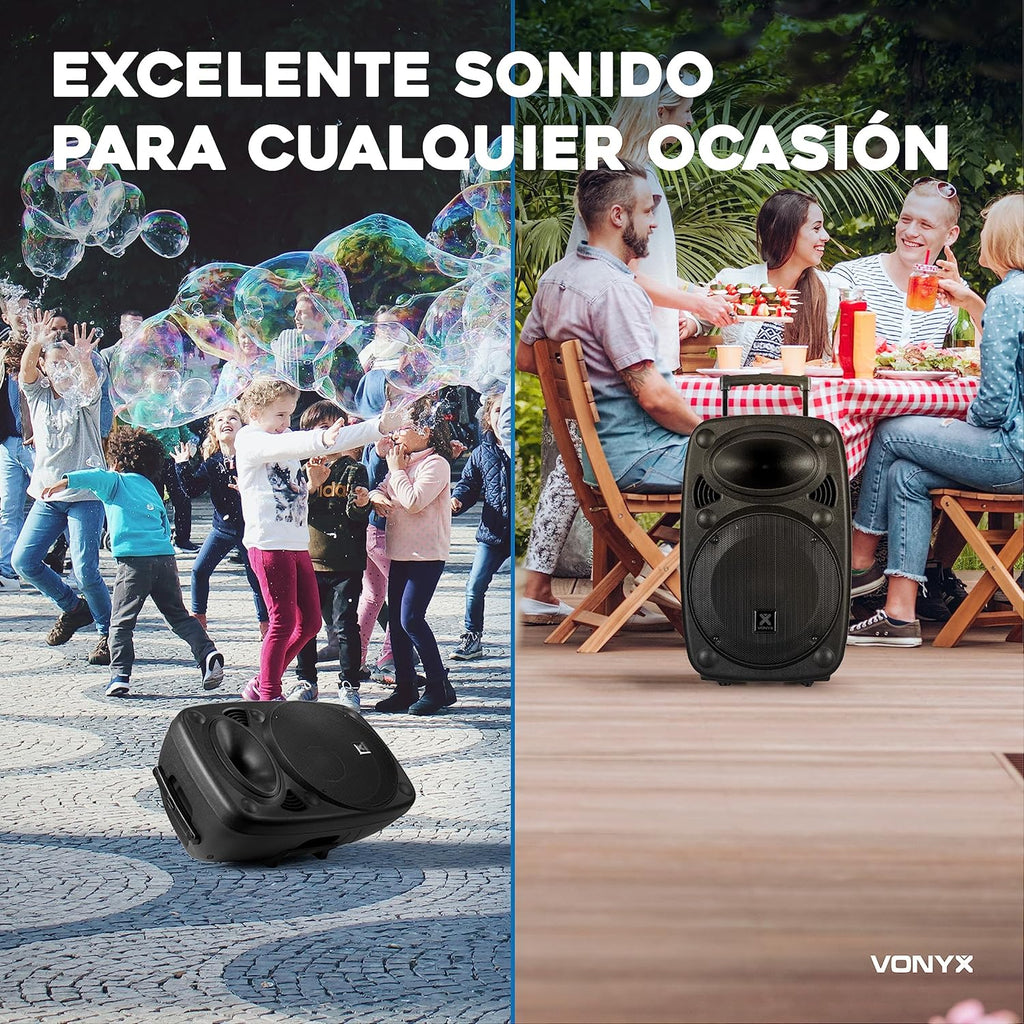 Vonyx Verve46 Powerful Bluetooth Speaker 1000 W, Portable Powered Speaker with Karaoke Microphone, Bluetooth Speaker USB, SD, MP3, AUX, 2 UHF Microphones, Remote Control, Subwoofer 15 Inches, Black