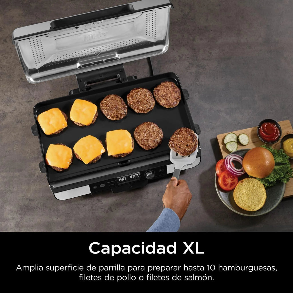 Ninja Sizzle Pro XL Indoor Grill and Griddle with Non-Stick Ceramic Griddle Plate and Griddle, Detachable Lid, Grease Catcher and Recipe Guide, Silver/Black GX101EU