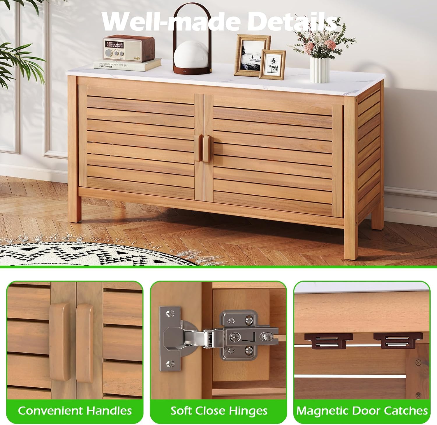 KOMFOTTEU Baúl de Jardín de Madera de Acacia, Caja de Almacenamiento con Doble Puerta y Tapa de Mármol Artificial, Arcón Exterior con Patas Ajustables, Contenedor Organizador para Patio