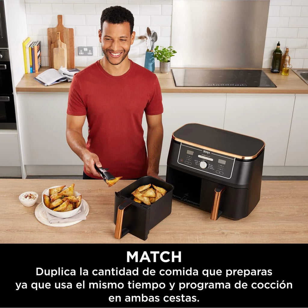 Ninja Foodi MAX Dual Compartment Air Fryer, 9.6L, 6-in-1, No Oil, Max Crisp, Roast, Bake and More, Tongs, 8 Servings, Non-Stick Baskets, Copper & Black, AF400EUCP