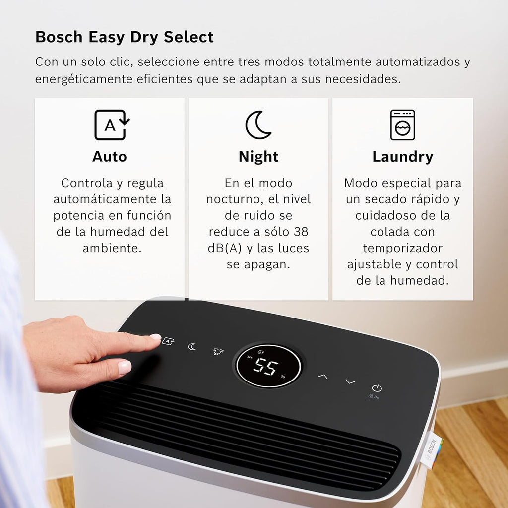 Bosch Deshumidificador Dry 4000 - Fácil. Eficiente. Silencioso. Para tu Hogar y Dormitorio - Para Habitaciones de hasta 33 m² - Secado Rápido para tu Colada