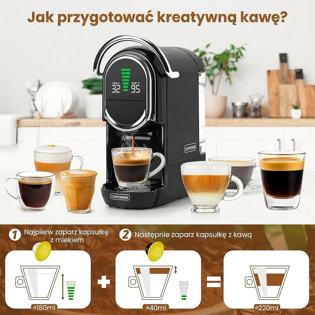 Magician1 Mini Multikapsułkowy Ekspres do kawy 5 w 1, do Nespresso, Dolce Gusto, Lavazza A Modo Mio, Saszetki ESE 44mm i Kawy Mielonej, 20 Barów Włoska Pompa,1450W, Wyświetlacz LED, do Domu i Biura