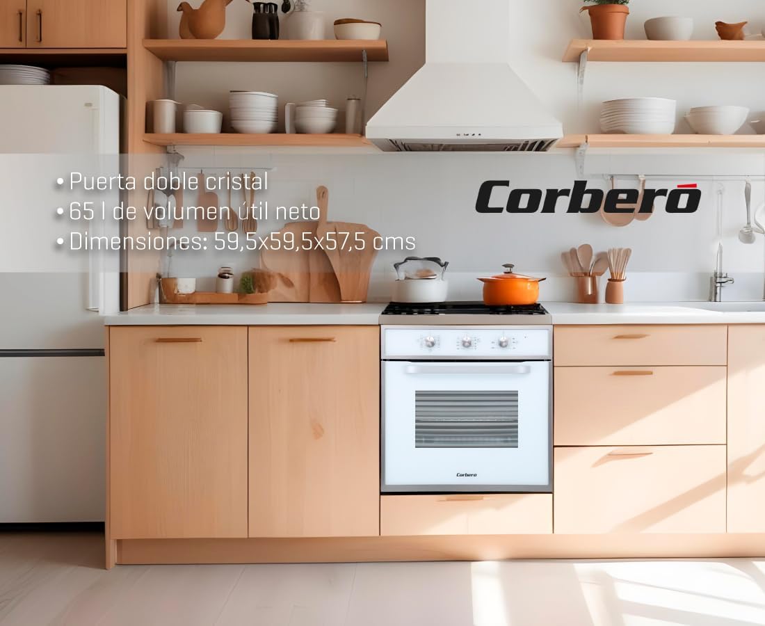 Corbero - Horno Multifunción Hidrolítico 65L | CCHM703W | Limpieza Hidrólisis | 8 Programas | (L)59.5 x (A)59.5x57.5 (H) cm | Luz Interior | Puerta Doble Cristal | 3000W Potencia | Blanco perfil inox