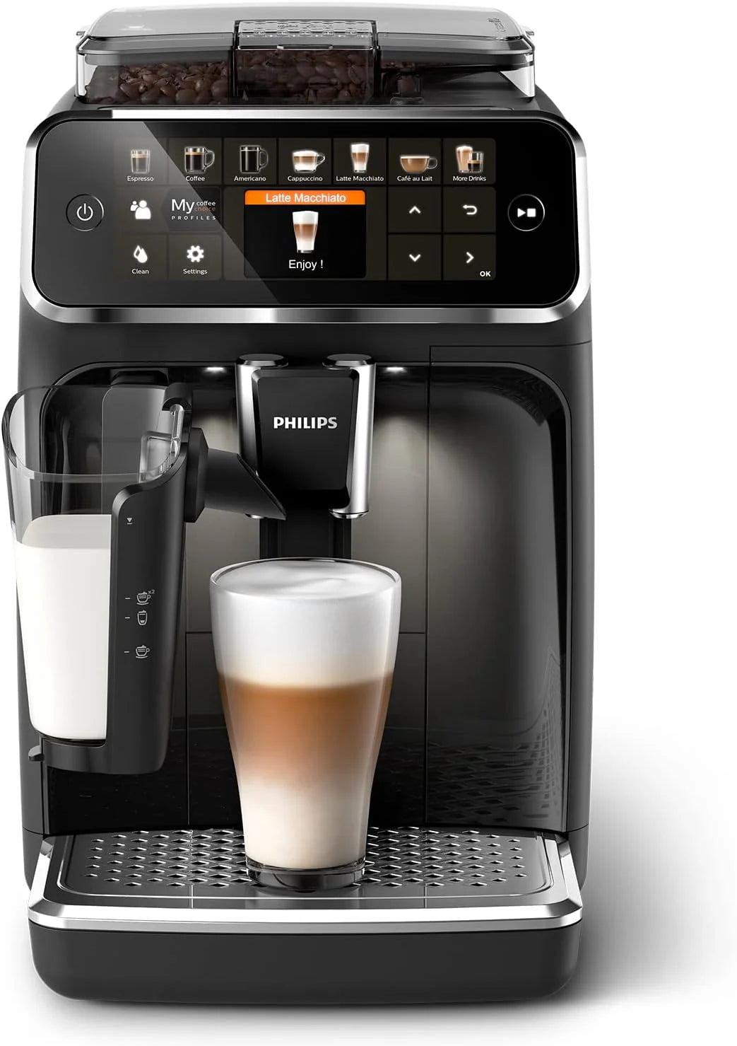 Philips 5400 Series Superautomatic Coffee Maker - LatteGo Milk System, 12 Coffee Varieties, Intuitive Display, 4 User Profiles, Chrome (EP5447/90)