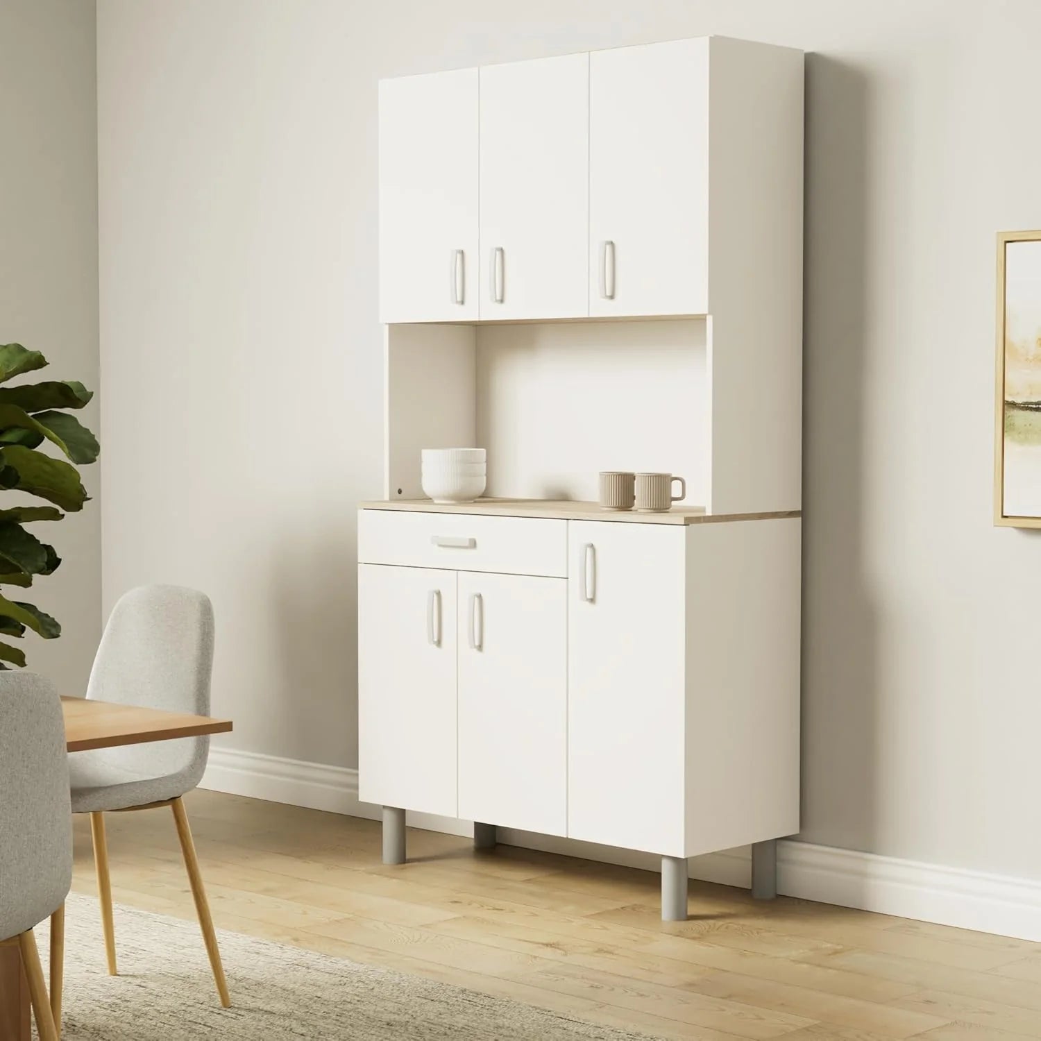 Miroytengo Kitchen Side Cabinet, Kitchen Cabinet, Buffet Kitchen Cupboard 6 Doors White and Oak Kronberg 101 x 185 cm