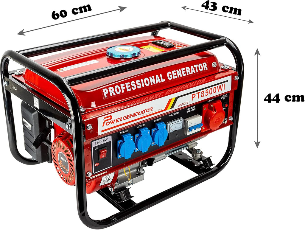Generador de corriente con gasolina | Accesorios incluidos | Grupo electrógeno silencioso | 5 enchufes 3 x 230 V / 1 x 400 V / 1 x 12 V | 6,5 CV