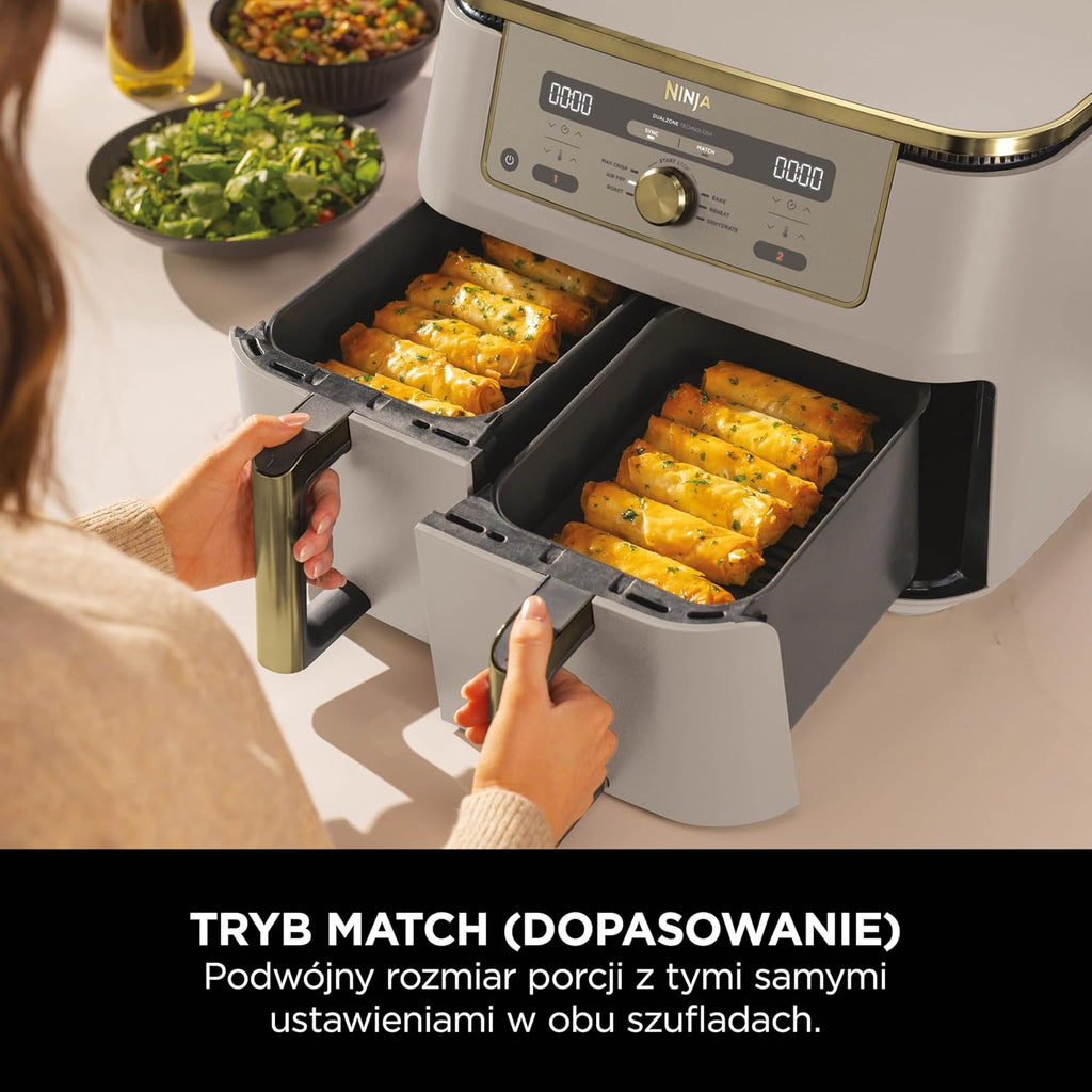 Ninja MAX Dwustrefowa frytkownica, 2 szuflady, 9,5 l, zero oleju, Air Fry, Max Crisp, Roast, Bake, Reheat, Dehydrate, nieprzywierające kosze do mycia w zmywarce, Złoty odcień kamienia, DZ400EUSTGD