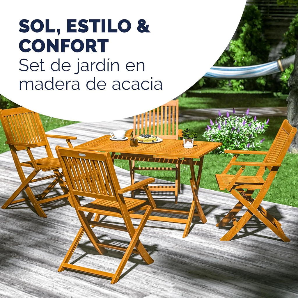CASARIA® FSC® Outdoor Garden Table Set of 4 Chairs Acacia Wood Dining Set Patio Terrace Balcony Set 5 Pieces Folding Table Seats Armrests Durable Weather Resistant 120 x 70 cm